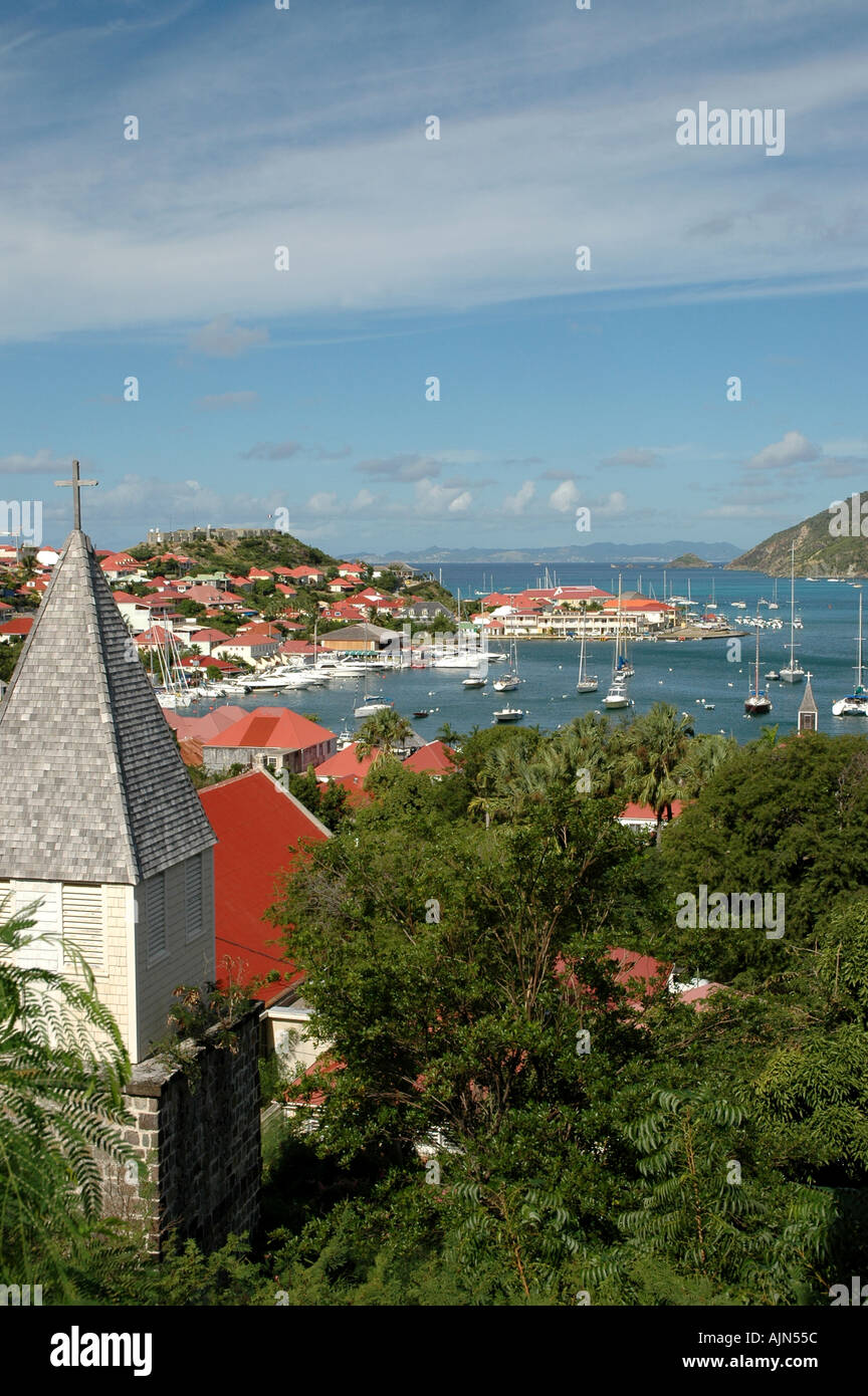 Saint Barth St Barts French West Indies Gustavia Harbor Overview boats buildings orange roofs Saint Barth St Barts French West Indies Gustavia Harbor Overview boats buildings orange roofs