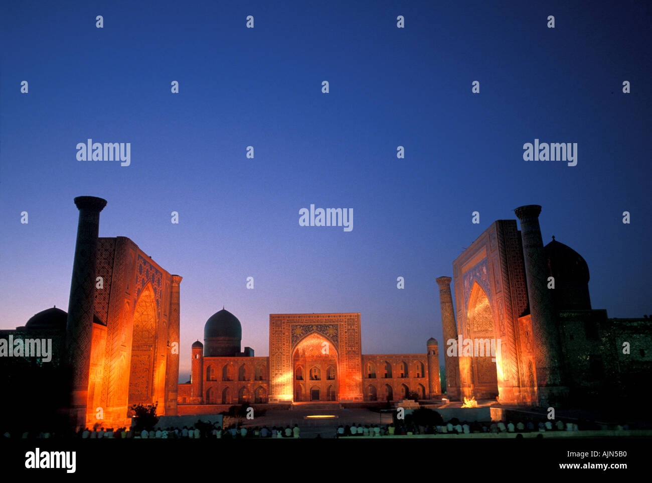 Uzbekistan Samarkand Registan Square at twilight Stock Photo