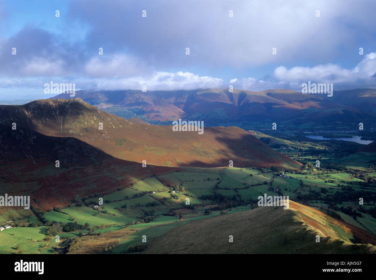 Causey Pike, Newlands Valley, Skiddaw and Derwent Water from Robinson, Lake District, Cumbria, England, UK Stock Photo