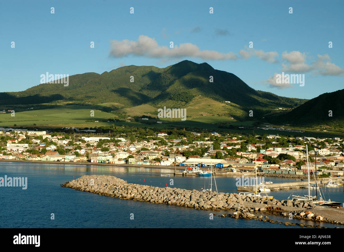St Kitts West Indies Caribbean Basseterre waterfront shoreline overview as seen from cruise ship pier Stock Photo