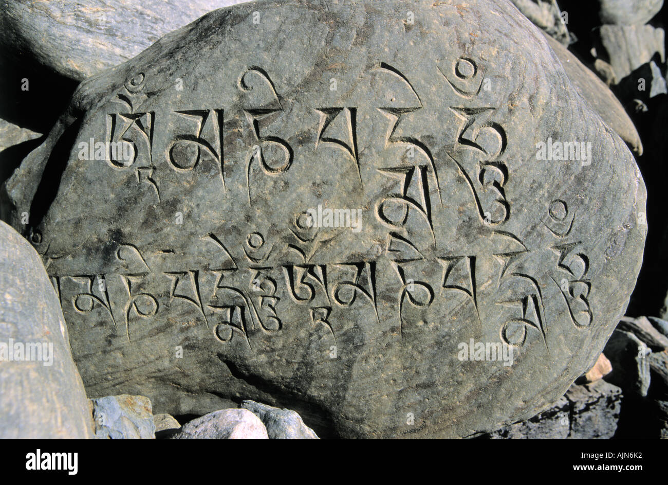 Buddhist mantras and sacred writings on stonee in Chame surroundings Annapurna Conservation area Nepal Stock Photo
