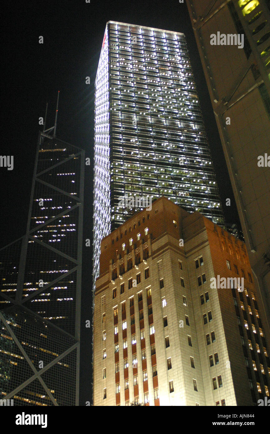 Modern and traditional buildings illuminated at night Hong Kong Stock ...