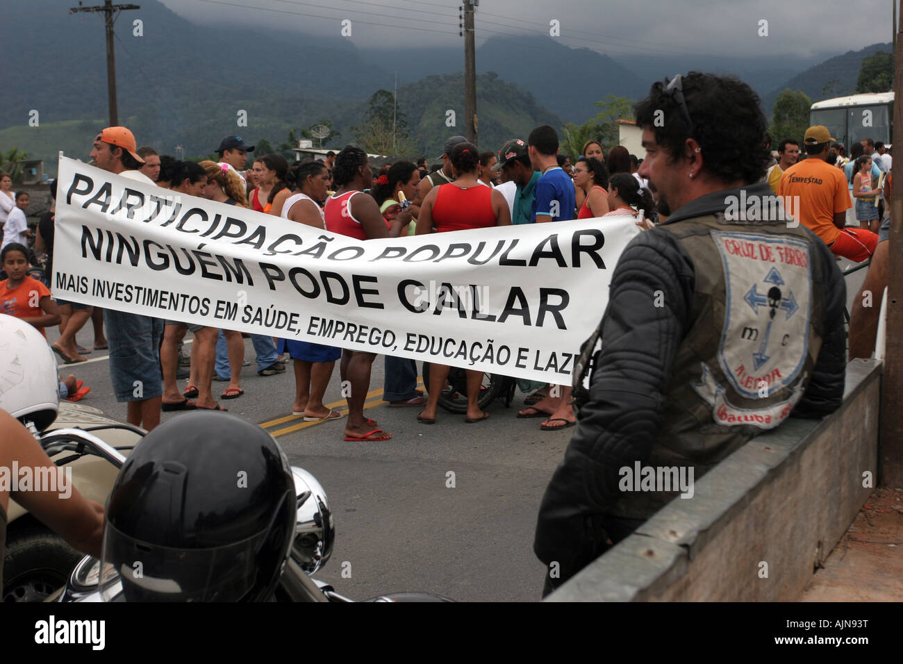 Roadblock picket in a road in Brazil leading to Rio de Janeiro done by the people of Pereque demanding more security. Stock Photo
