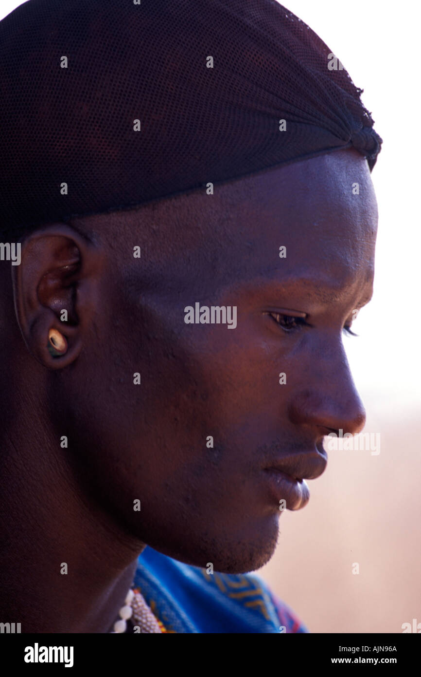Contemplative Samburu Man in Portrait Kenya Stock Photo