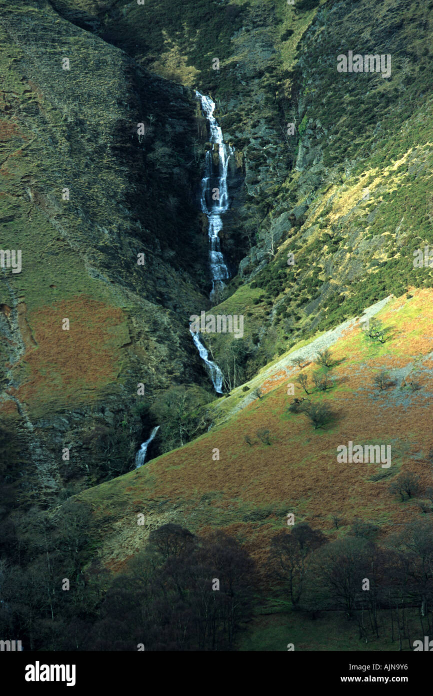 Waterfalls in the Pennant Valley. Powys, Wales, UK. These impressive waterfalls drop several hundred feet down the valley side. Stock Photo