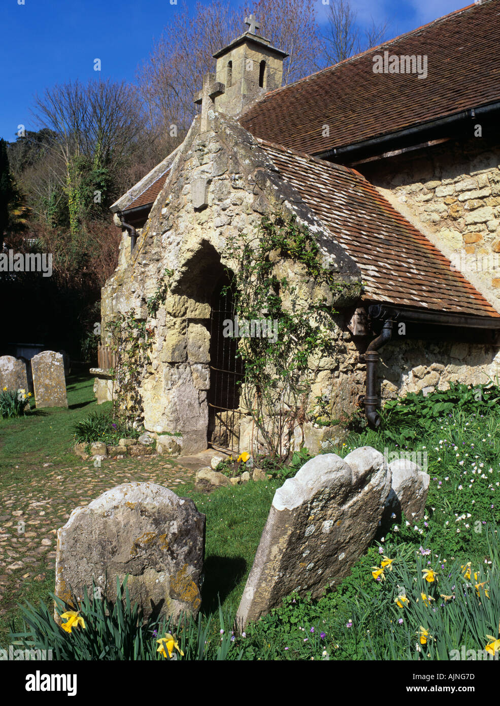 ST BONIFACE OLD CHURCH in SPRING. Bonchurch, Isle of Wight, England, UK, Britain Stock Photo