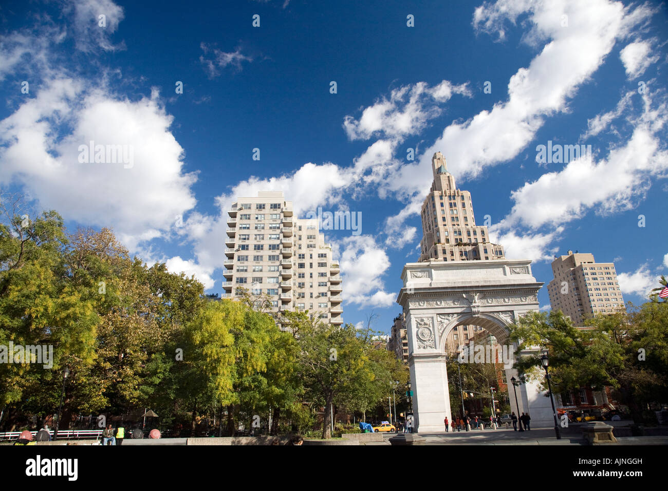 Northward view of Wahsington Square Arch and Park with the 5th Avenue on the background, NYC, USA. Stock Photo