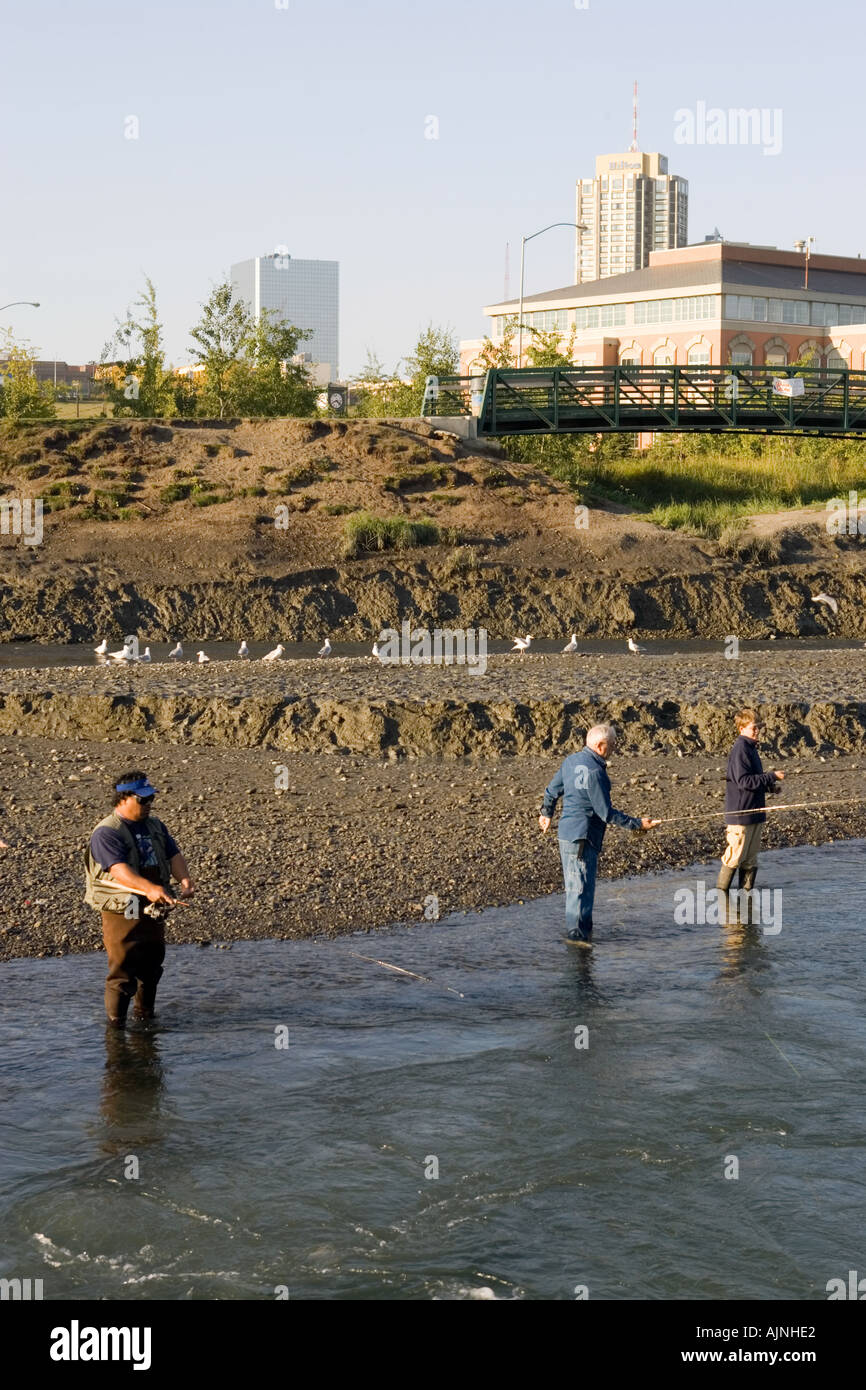 Anglers casting their lines in the Ship Creek during salmon season in