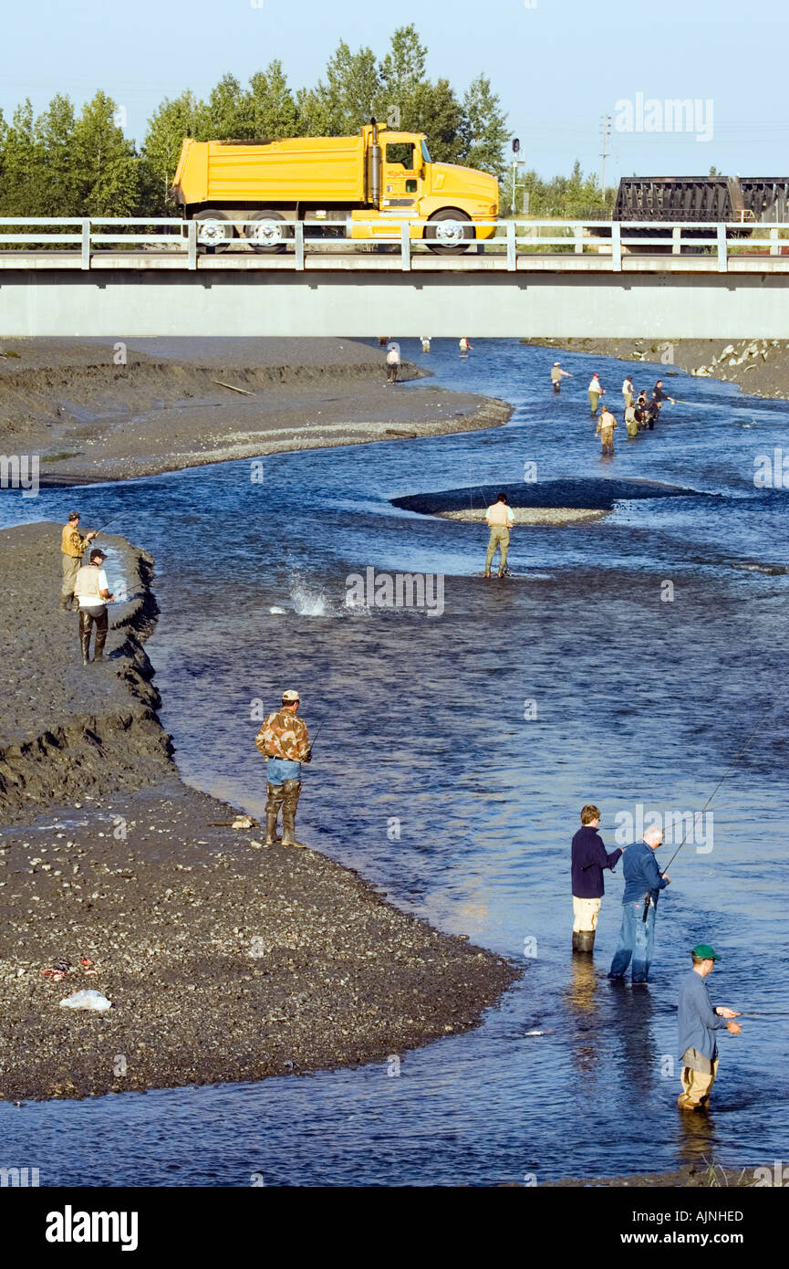 Anglers casting their lines in the Ship Creek during salmon season in
