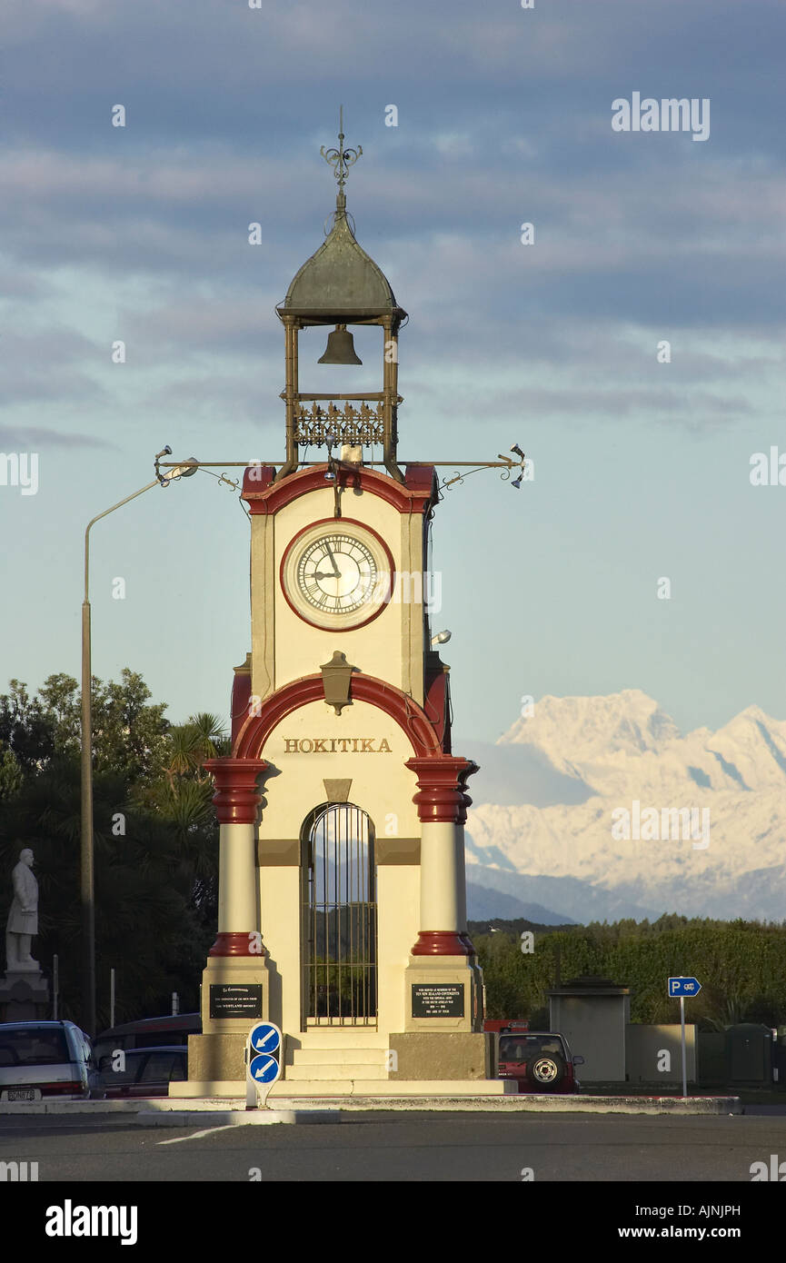 Clock Tower Hokitika and Aoraki Mt Cook West Coast South Island New Zealand Stock Photo