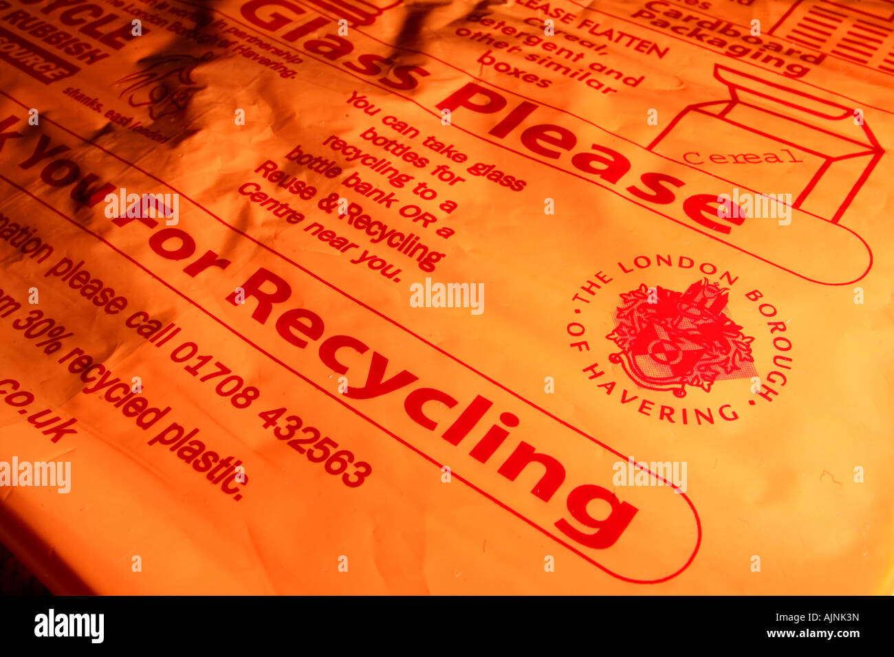 An orange recycling bag for the London Borough of Havering Essex United