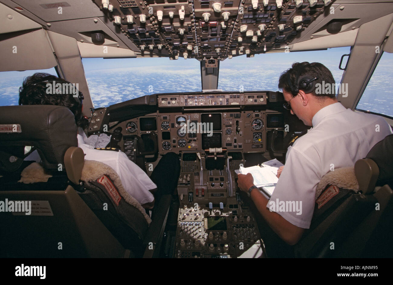 Pilot and co pilot in cockpit of Boeing 767 Australia Horizontal  Stock Photo