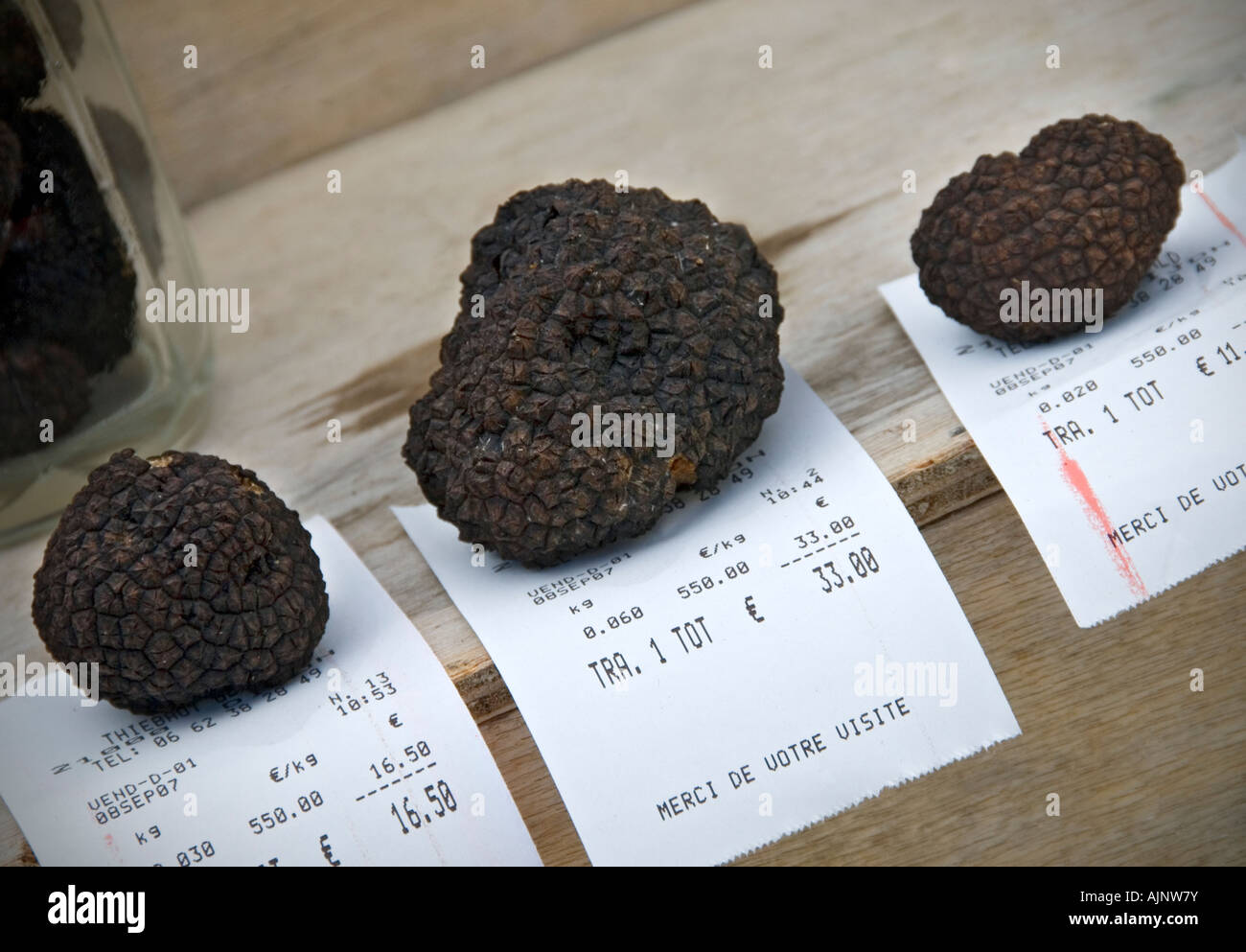 French black truffles on sale with euros till price tickets, in Beaune central market, Cote d'Or Burgundy France Stock Photo