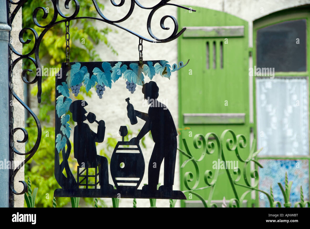 French Wine tasting wrought iron sign hanging outside small Burgundy