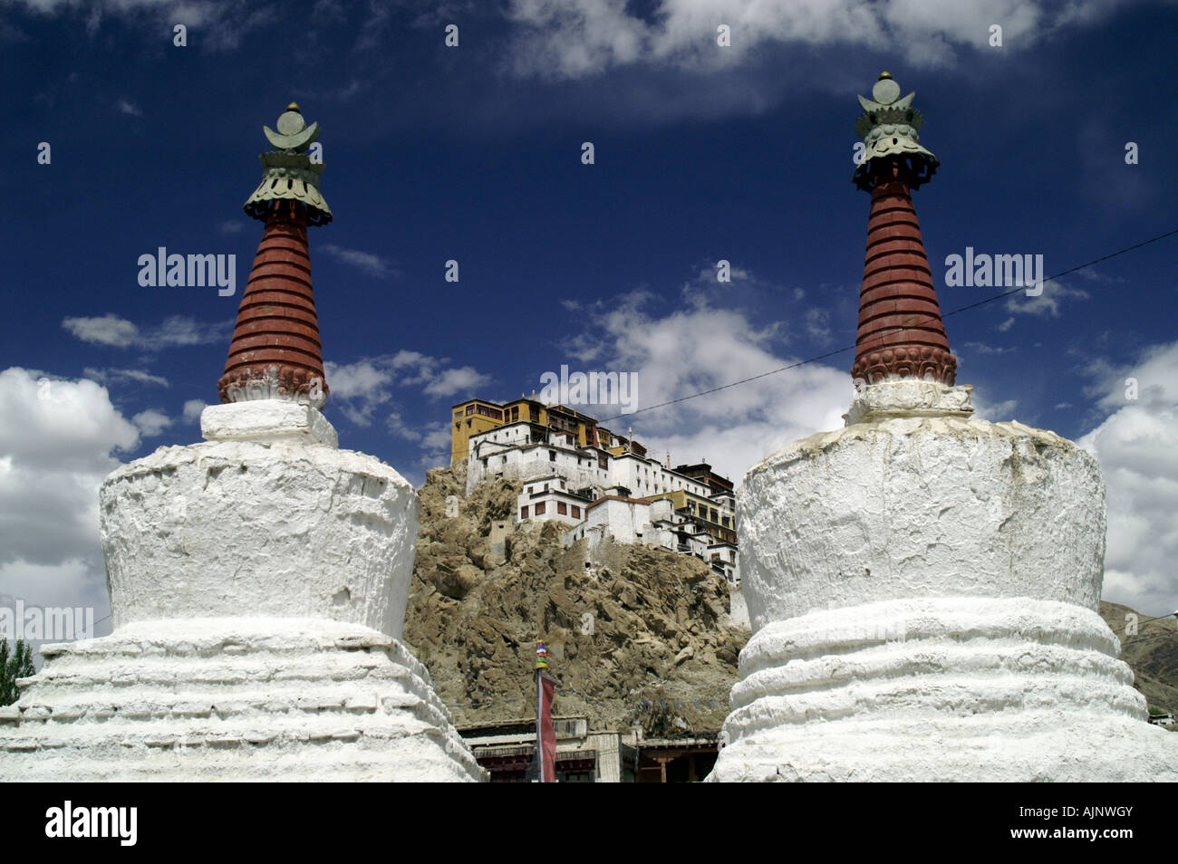 Thiksey tibetan buddhist monastery and old stupa in Ladakh, Himalaya, India. Stock Photo