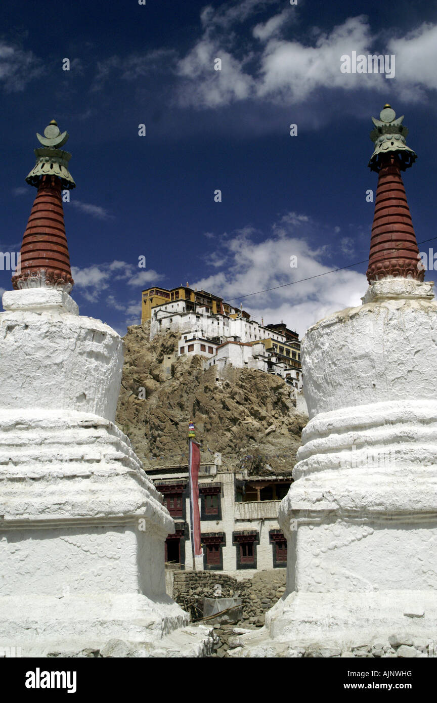 Thiksey tibetan buddhist monastery and old stupa in Ladakh, Himalaya, India. Stock Photo