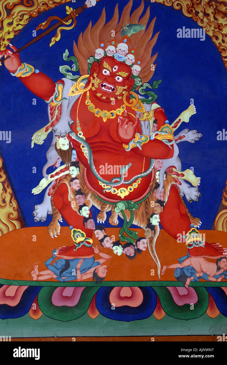 Wrathful Hayagriva deity, mural painting in Thiksey monastery, Ladakh, India, 2007 Stock Photo