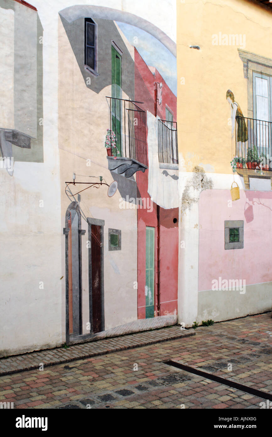 Trompe L'oeil painting on wall of apartments in Lipari. Aeolian Islands Sicily Italy Stock Photo