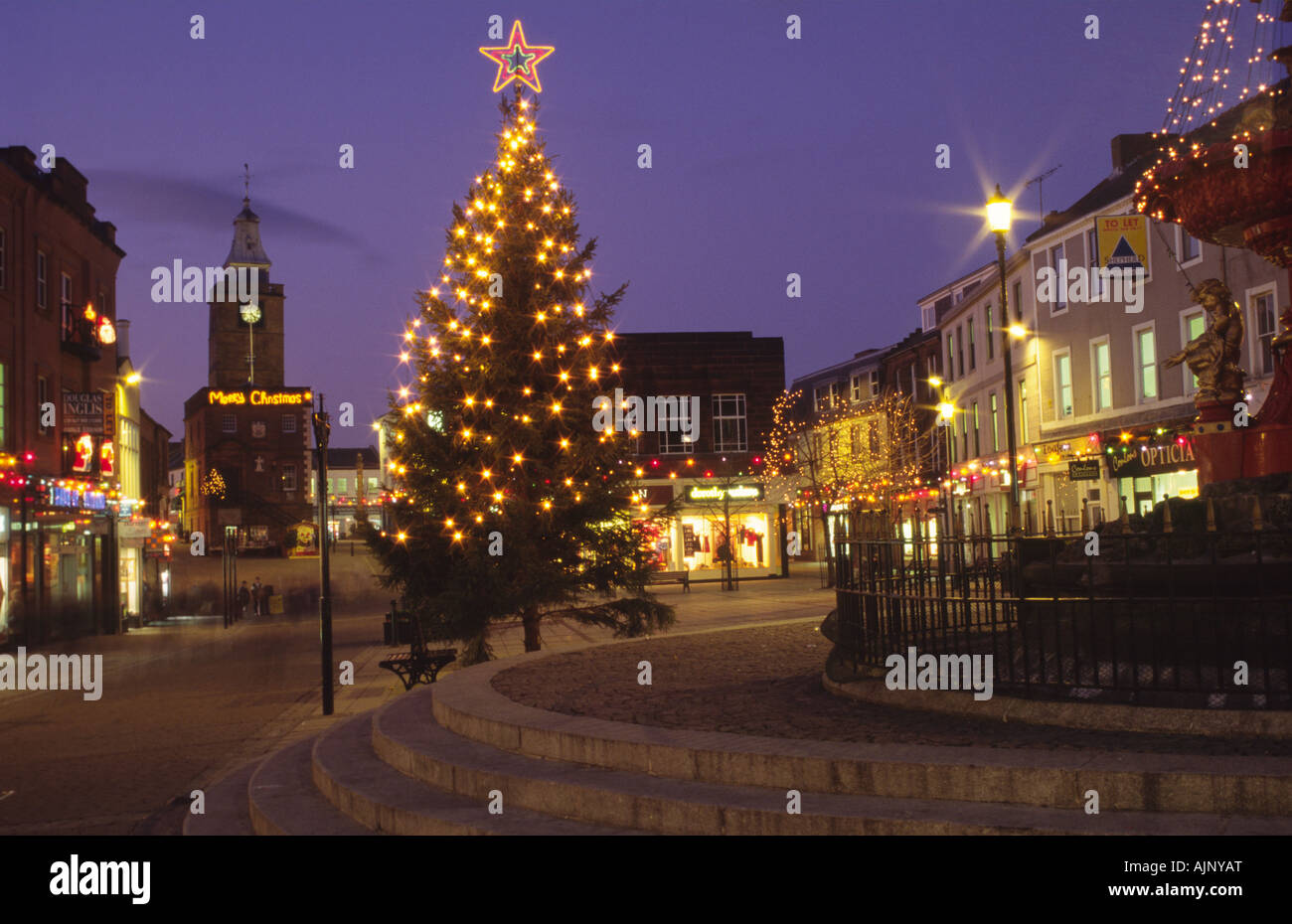 Christmas lights in Queensberry Square Dumfries town centre looking up