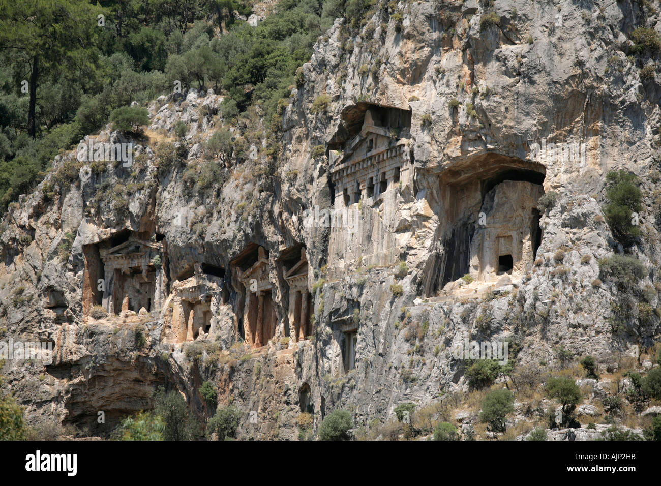 Lycian tombs of Kaunos on the Dalyan river Stock Photo