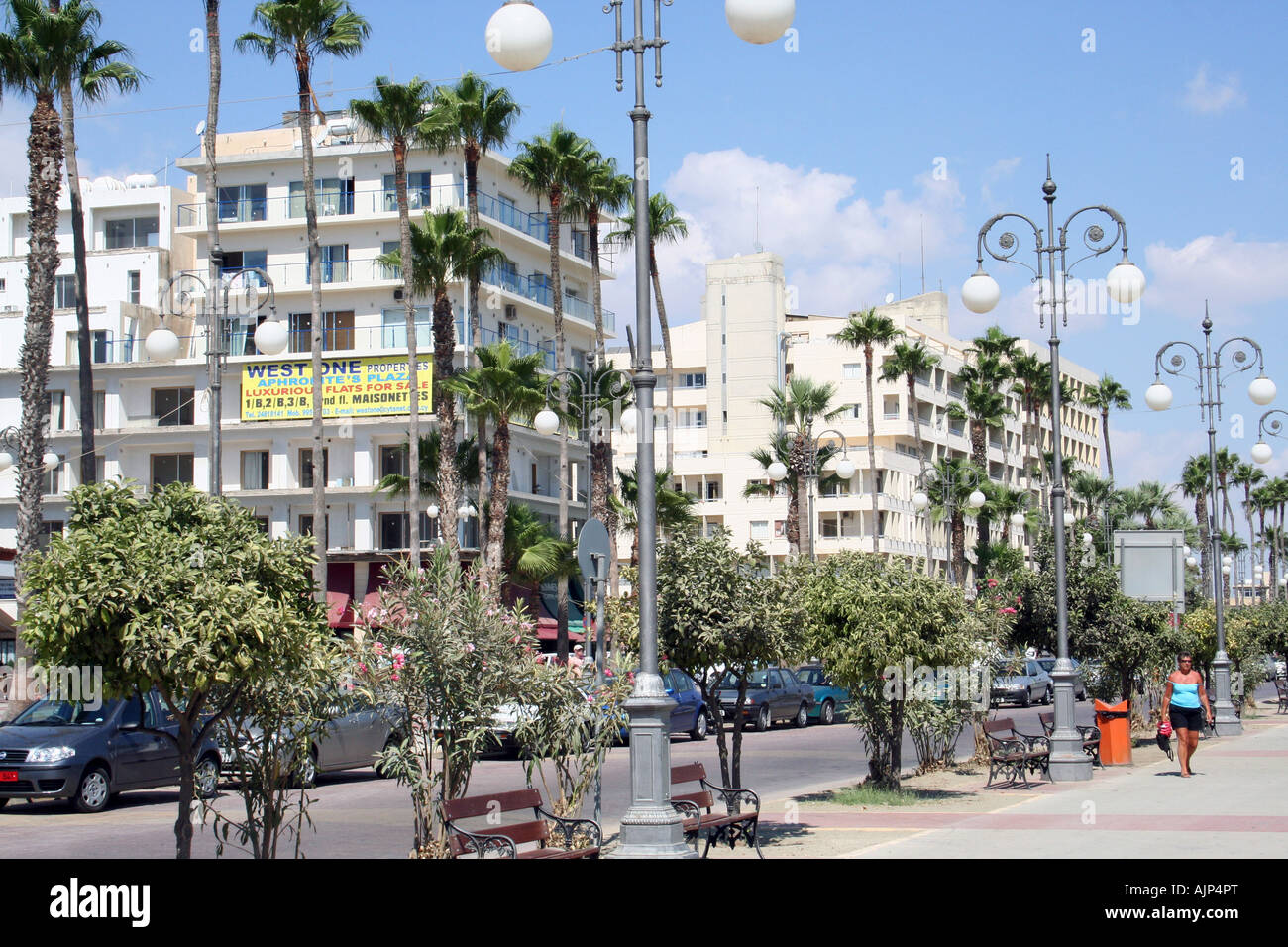 Ayia Napa Street Scene on island of Cyprus. Here is the main boulevard by the ocean promenade. Stock Photo