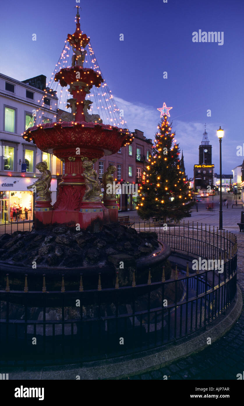 Christmas lights in Queensberry Square Dumfries town centre looking up