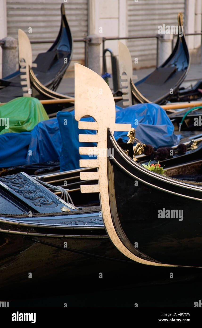 Italy Veneto Venice The Bow Or Ferro Of A Gondola Amongst Other Gondolas Stock Photo