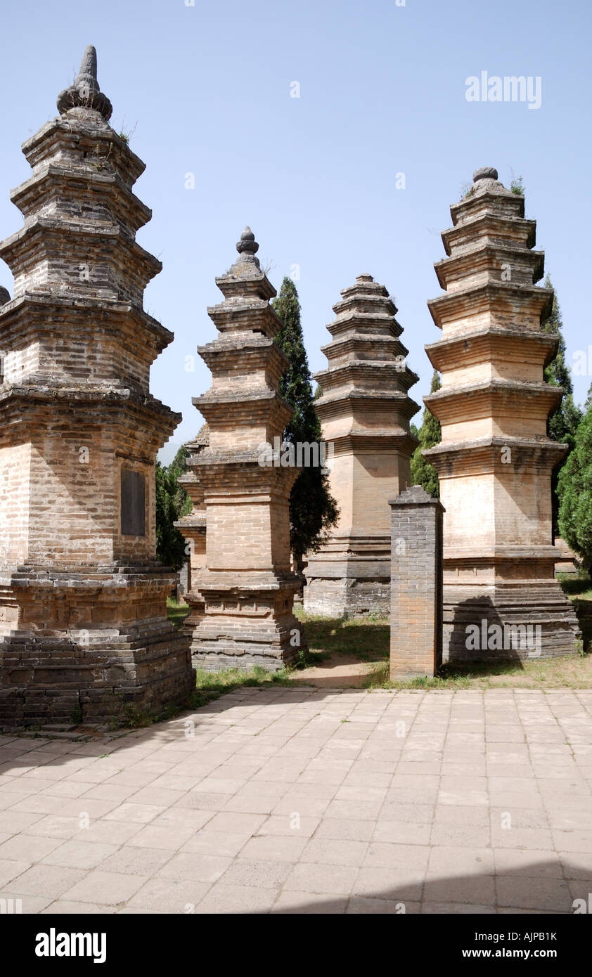 Pagoda forest stupas at Shaolin Buddhist Monastery Temple Henan Province Luoyang Dengfeng Shaolin China Asia About 300 metres we Stock Photo