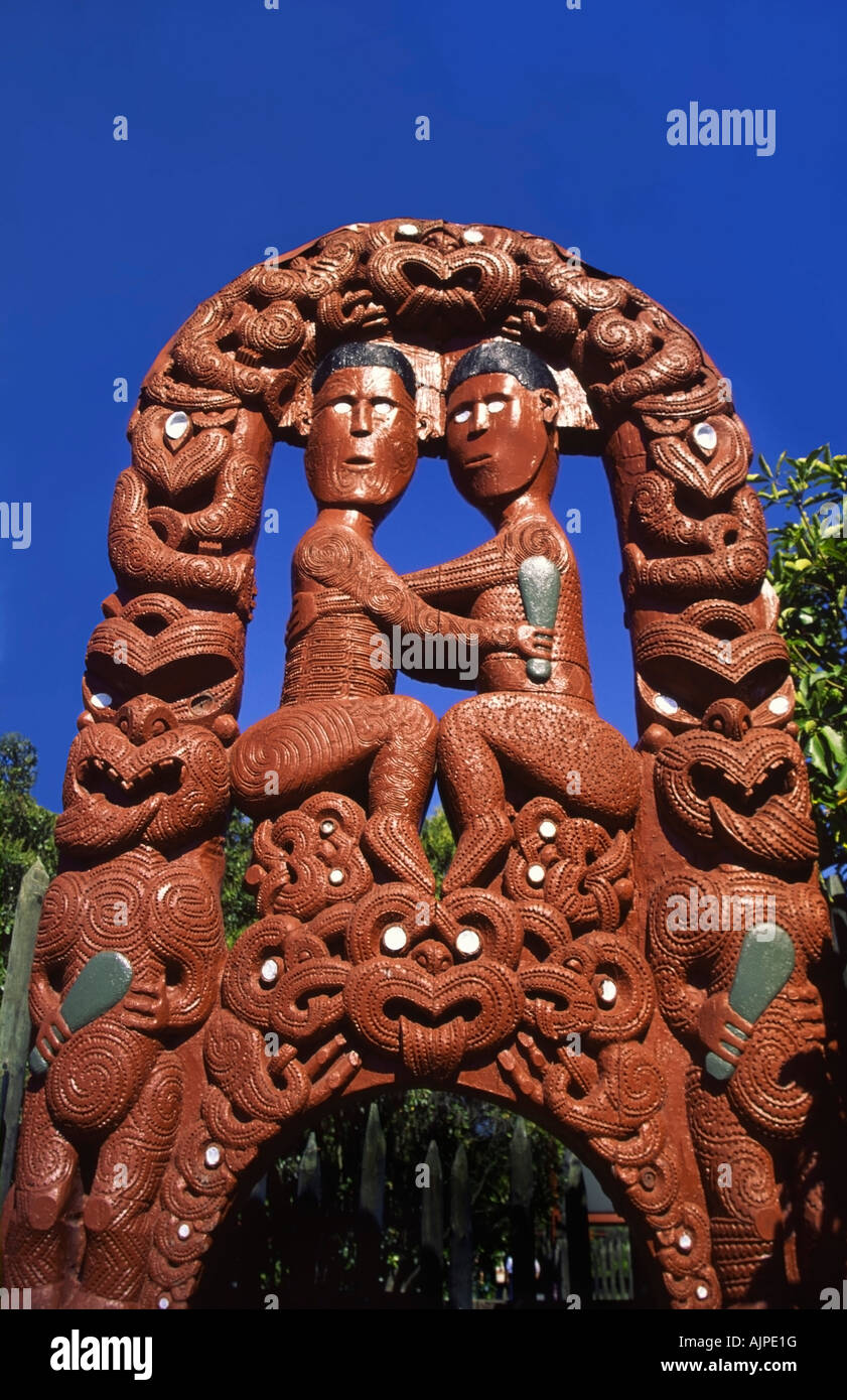 New Zealand North Island Rotorua Whakarewarewa Thermal Reserve Maori scultures Gateway Stock Photo