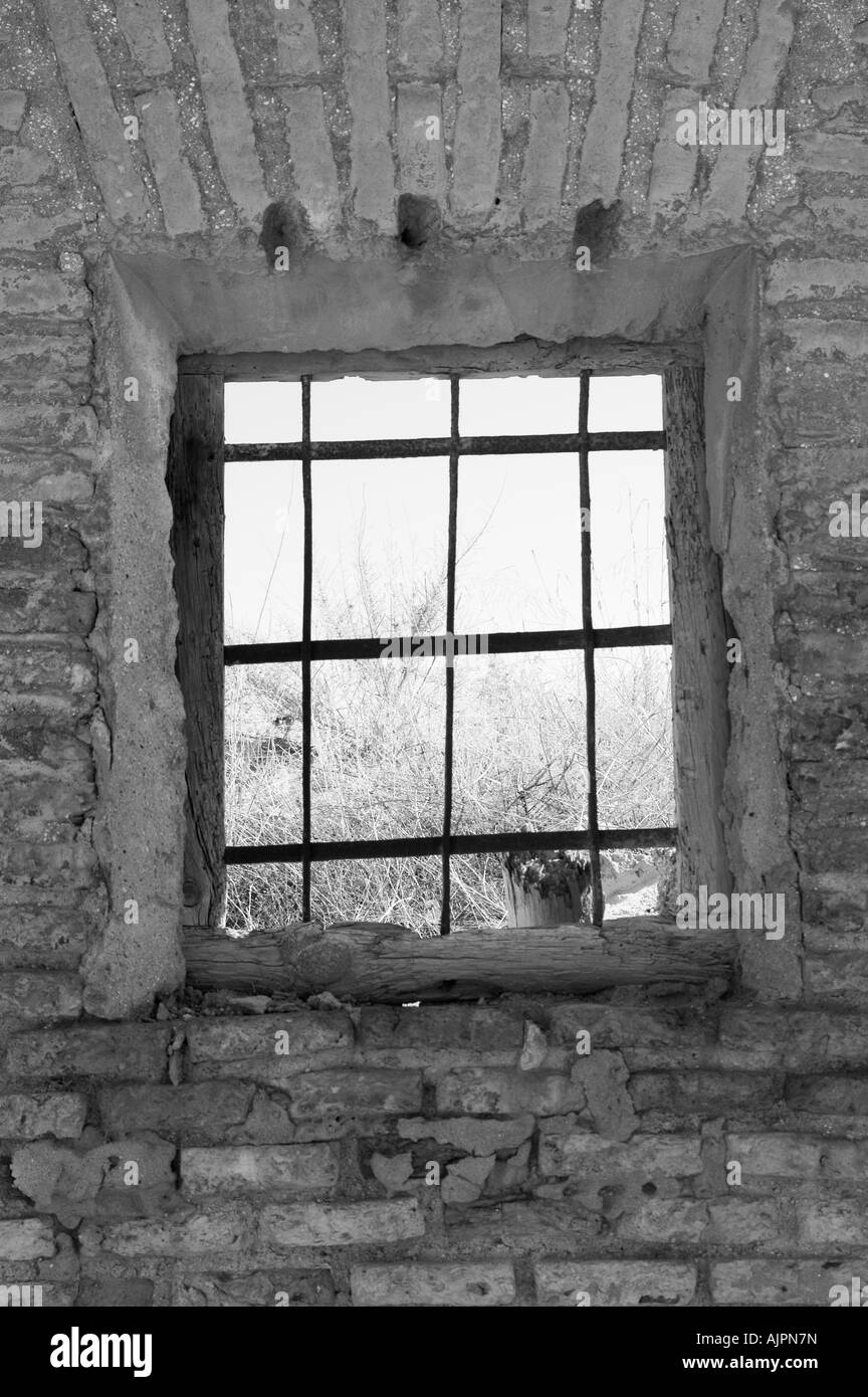Window in the Belchite ruins, a destroyed village during the spanish civil war Stock Photo