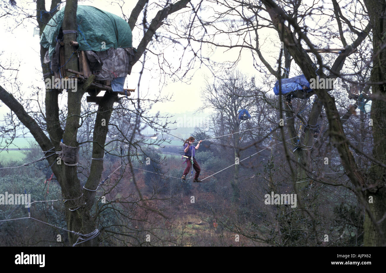 Tree Houses and climber at Fairmile Road Protest site A30 south Devon Engalnd Stock Photo