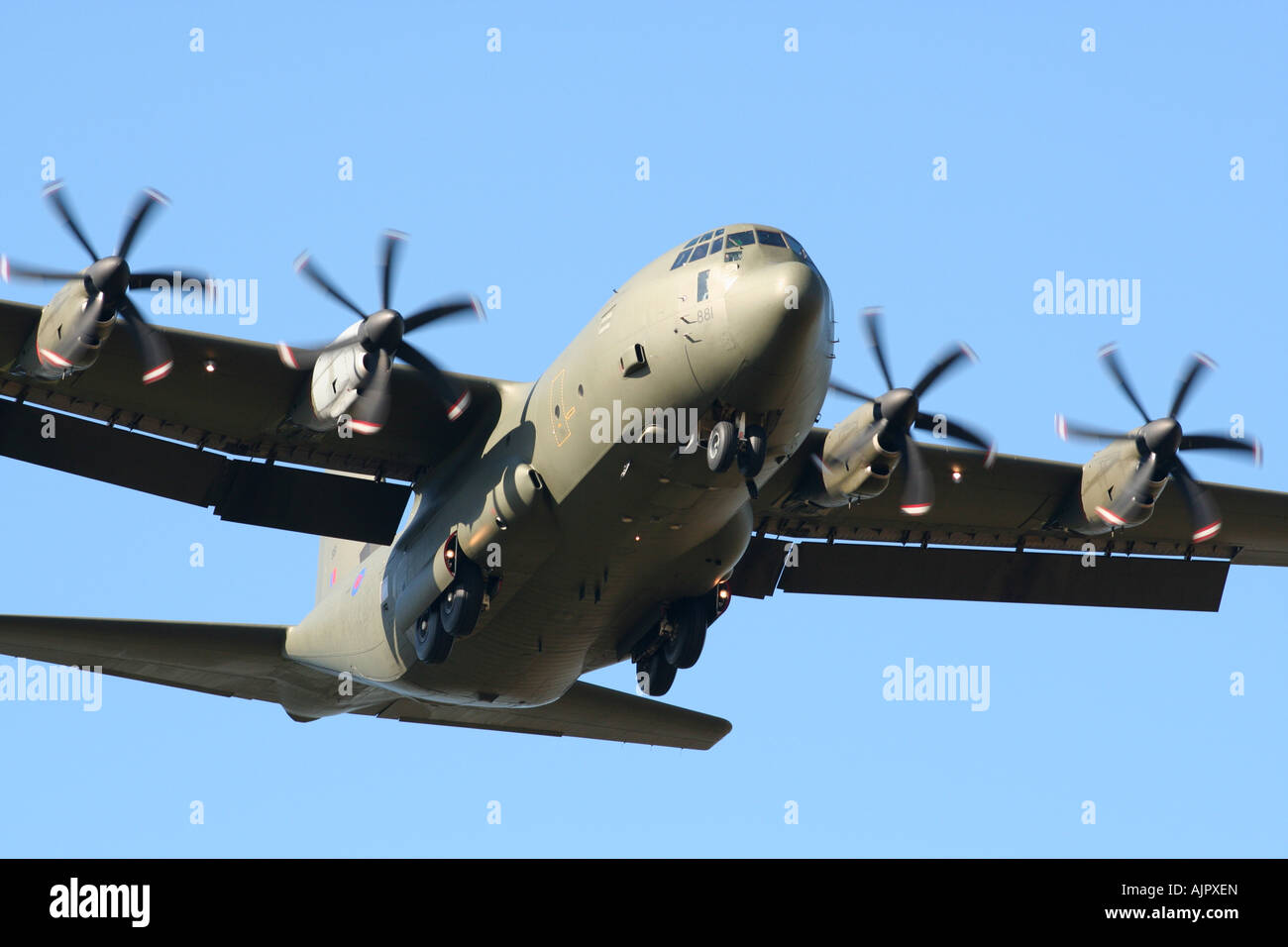 RAF Hercules on approach to land at Brize Norton airfield UK Stock Photo