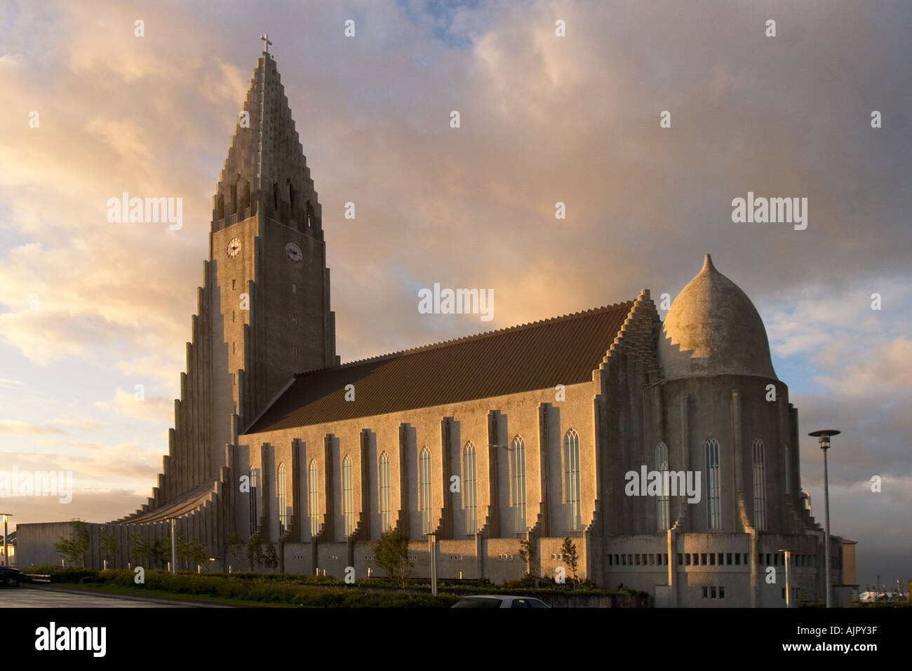 Iceland Reykjavik Hallgrimskirkja church sunset Stock Photo