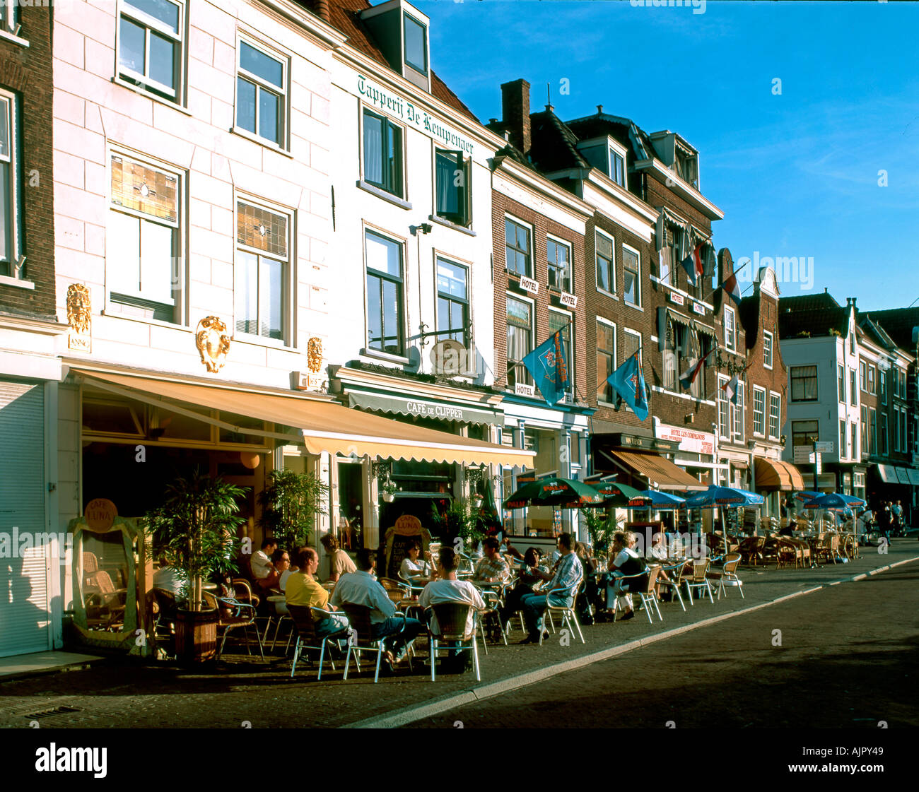 netherland Delft street cafe beergarden near canal people Stock Photo