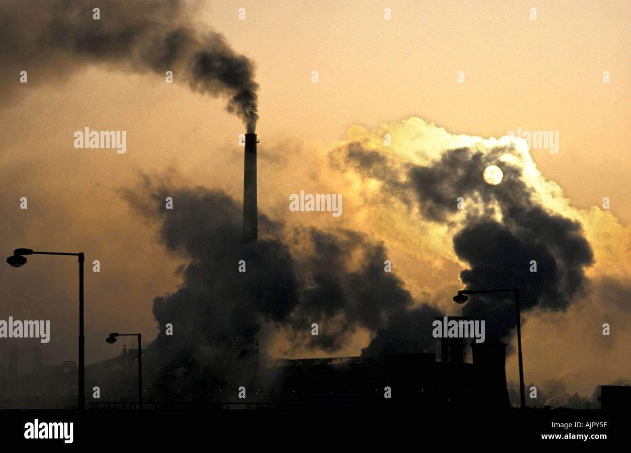 Belching chimney at brewery at Rimavska Sobota in Central Slovakia 1993 Stock Photo