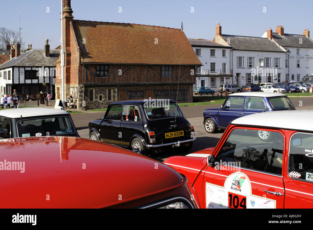 Classic Mini Rally in front of the Moot Hall in Aldeburgh Suffolk East