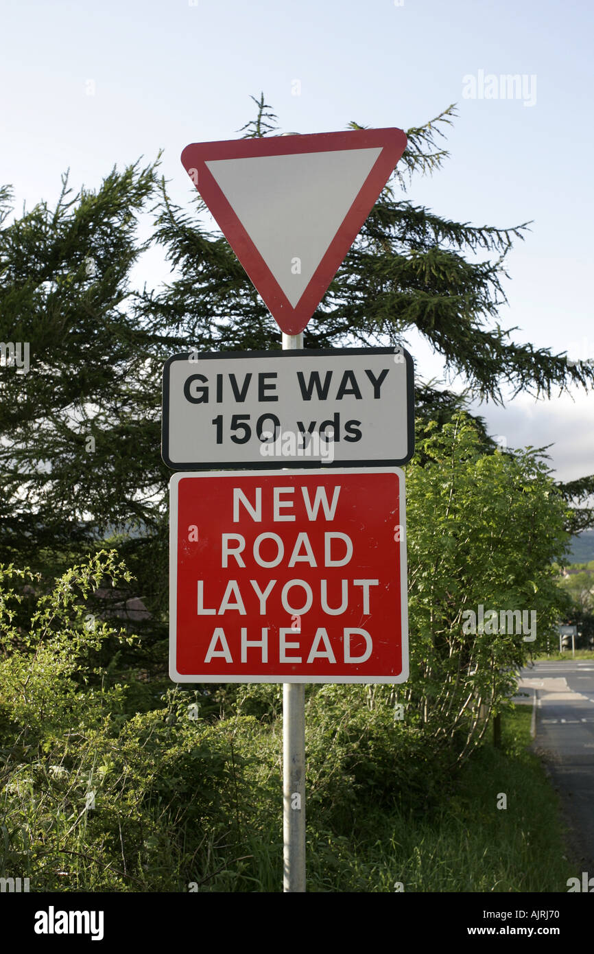 Give Way new road layout sign county antrim northern ireland Stock Photo