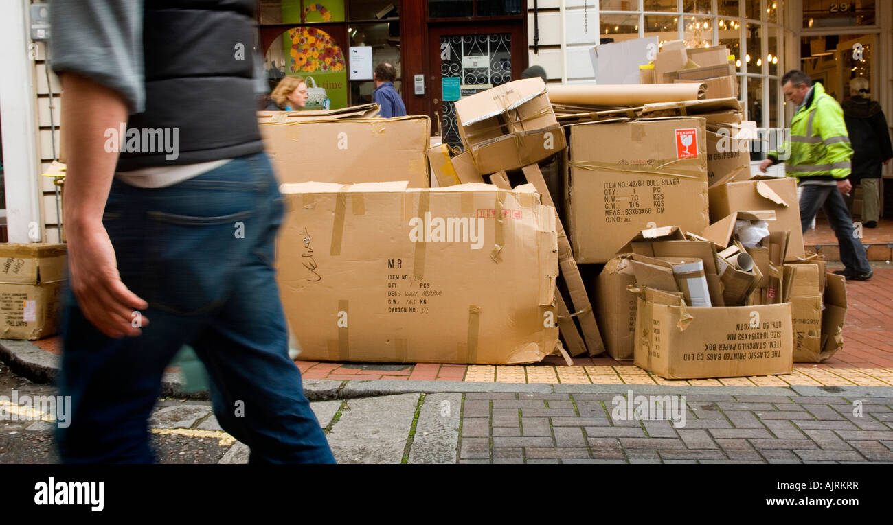Cardboard boxes and packaging piled high in the streets of Brighton