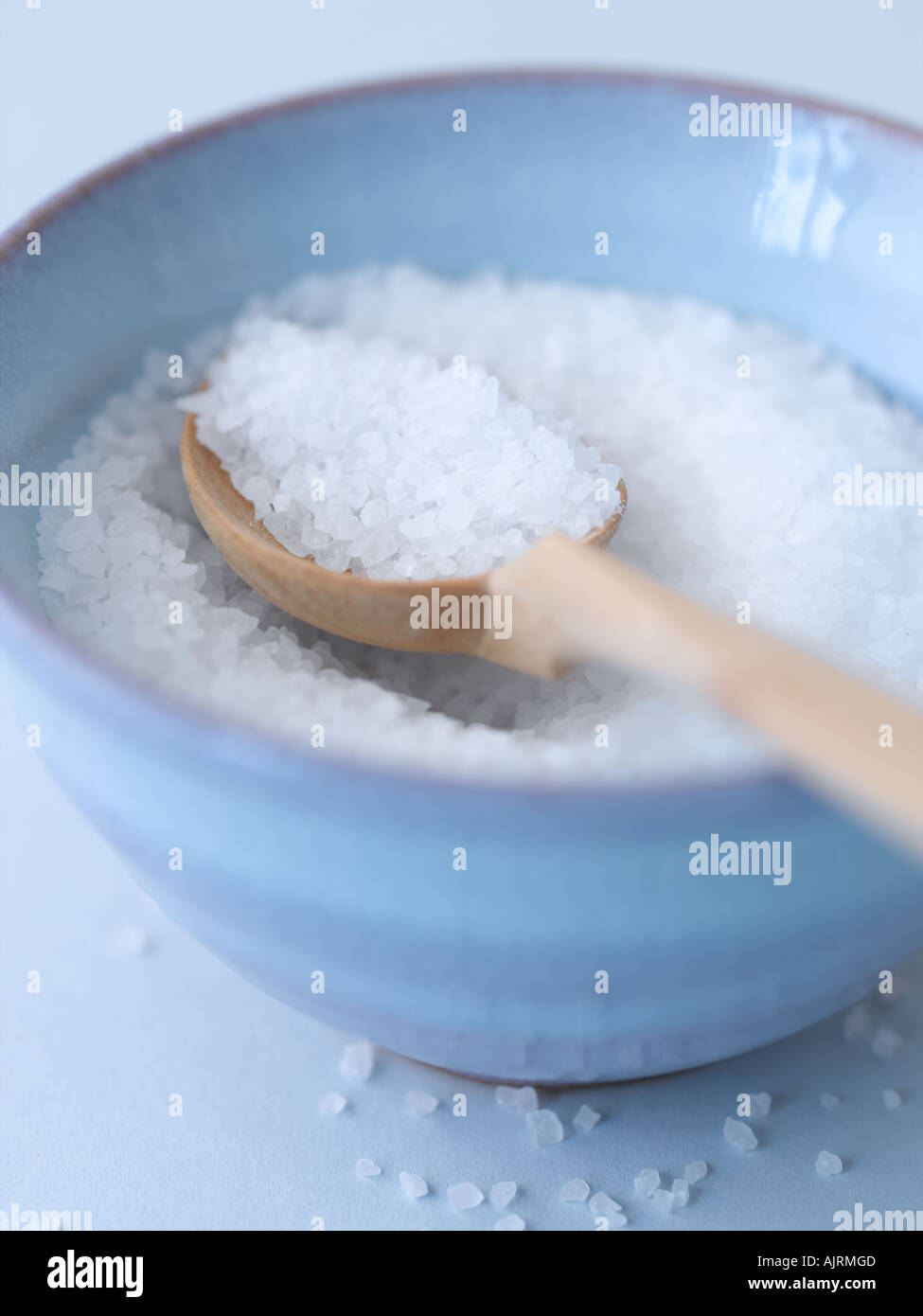 Sea salt in pale blue ceramic bowl - high end Hasselblad 61mb digital image Stock Photo