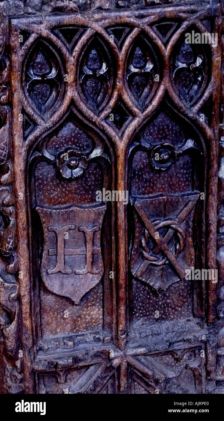 Medieval 1510 1530 pew ends inside St Nonna Church at Altarnun Cornwall England Stock Photo