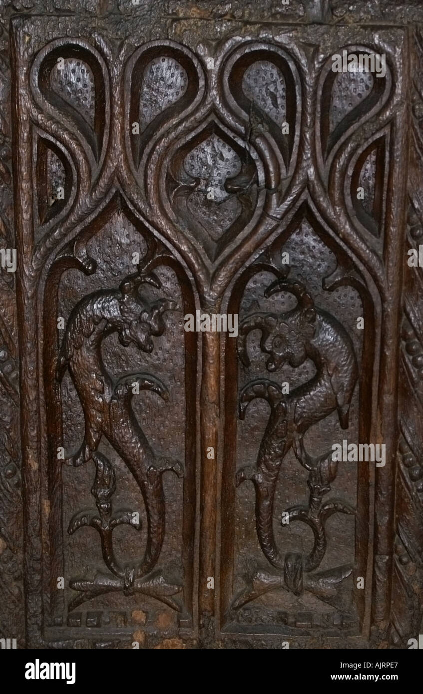 Medieval 1510 1530 pew ends inside St Nonna Church at Altarnun Cornwall England Stock Photo