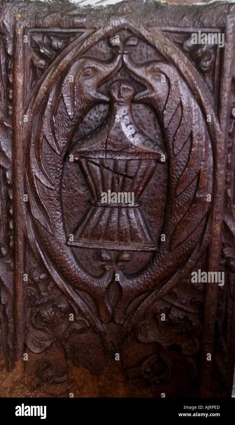 Medieval 1510 1530 pew ends inside St Nonna Church at Altarnun Cornwall England Stock Photo