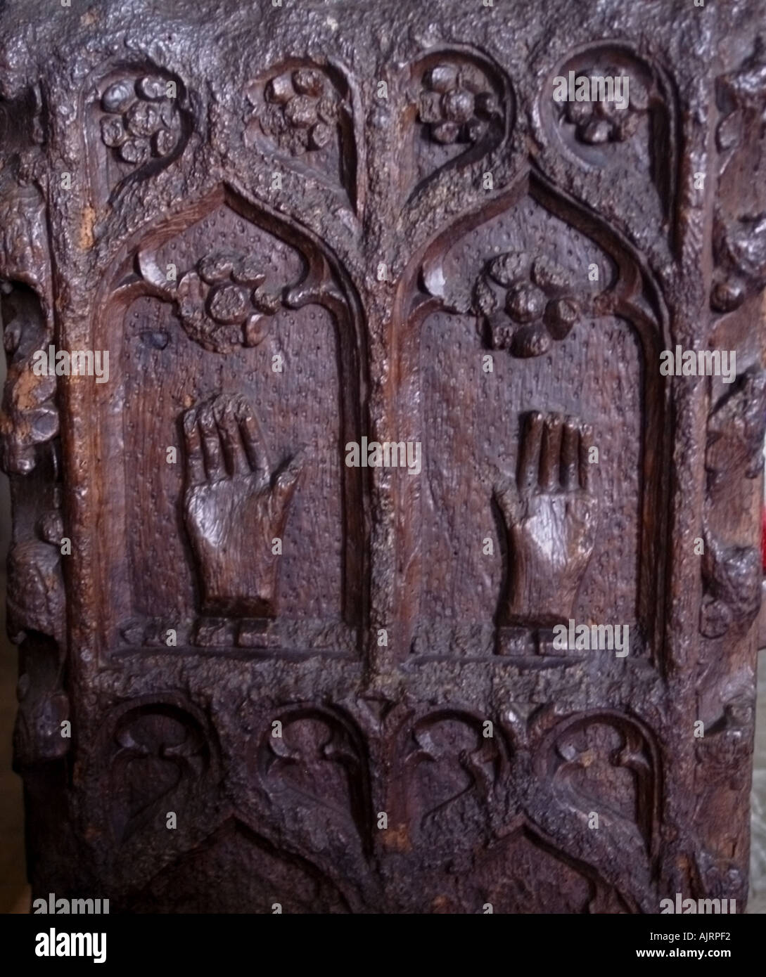 Medieval 1510 1530 pew ends inside St Nonna Church at Altarnun Cornwall England Stock Photo