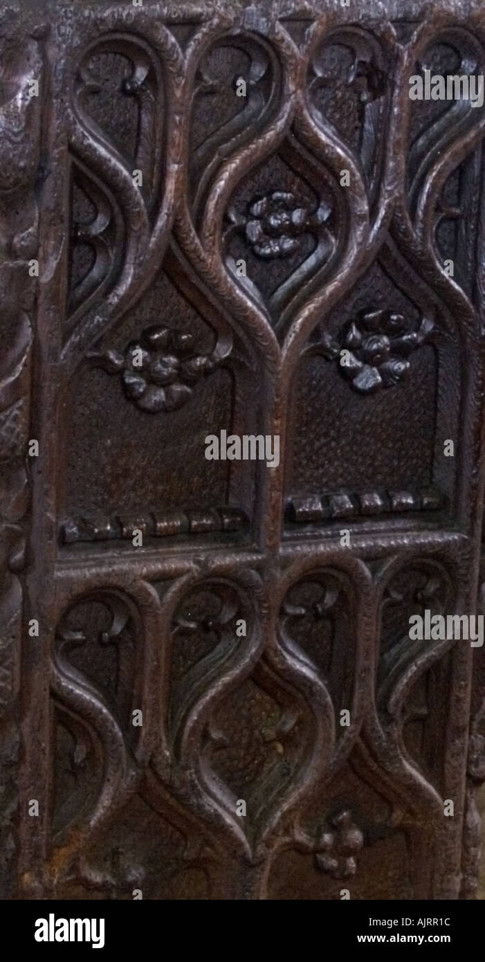 Medieval 1510 1530 pew ends inside St Nonna Church at Altarnun Cornwall England Stock Photo