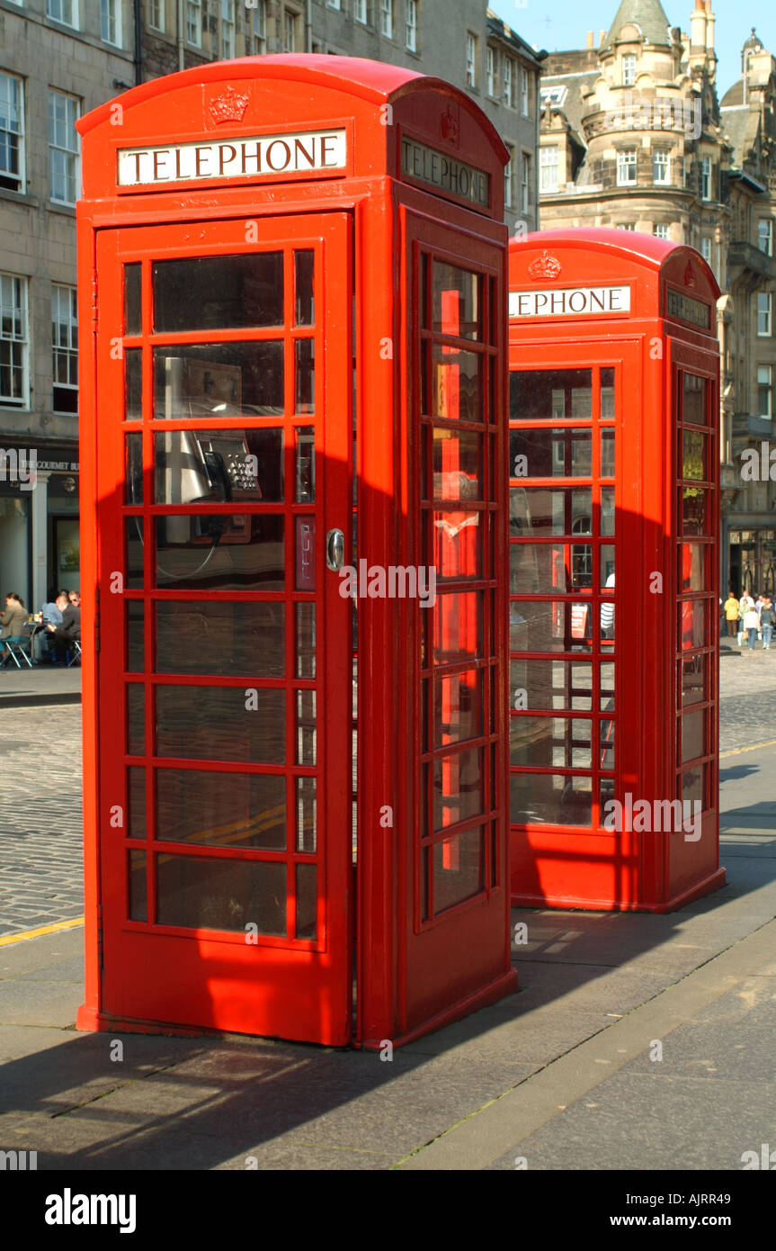 Red public telephone boxes on the Royal Mile, Edinburgh, Scotland, UK. Stock Photo
