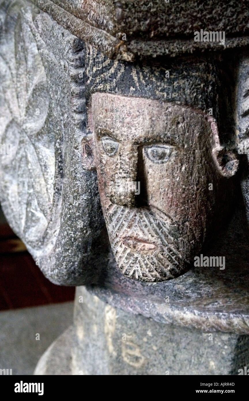 Detail from the font inside St Nonna church at Altarnun Cornwall England Stock Photo