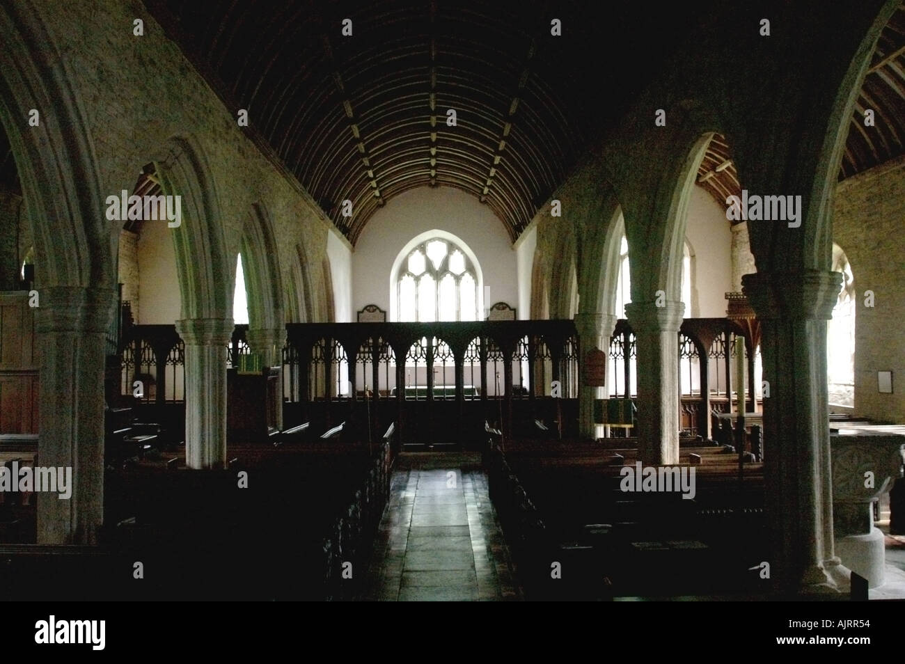 The Nave inside St Nonna church at Altarnun Cornwall England Stock Photo
