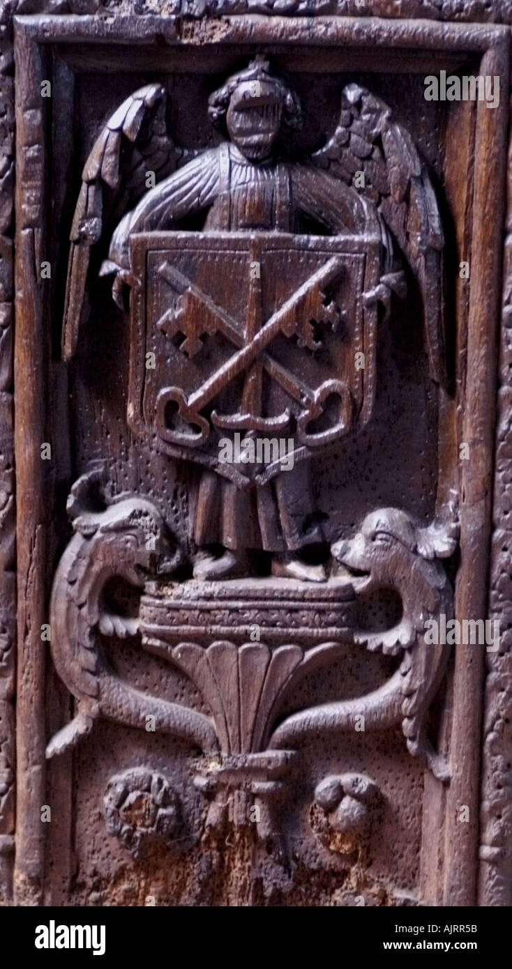 Medieval pew ends inside St Nonna Church at Altarnun Cornwall England Stock Photo