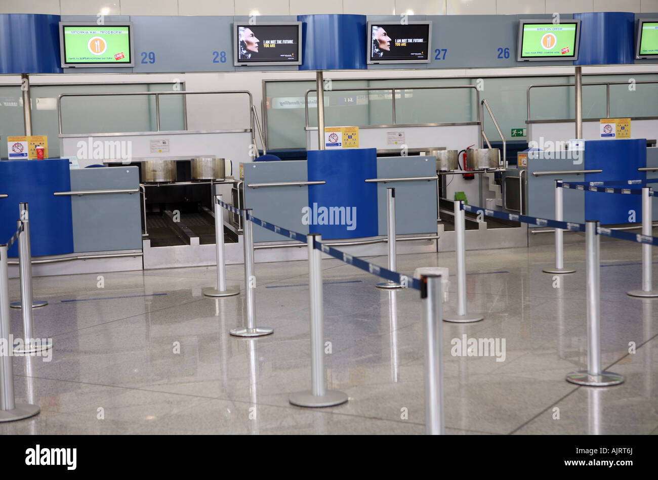 Check in desks at Athens airport Stock Photo