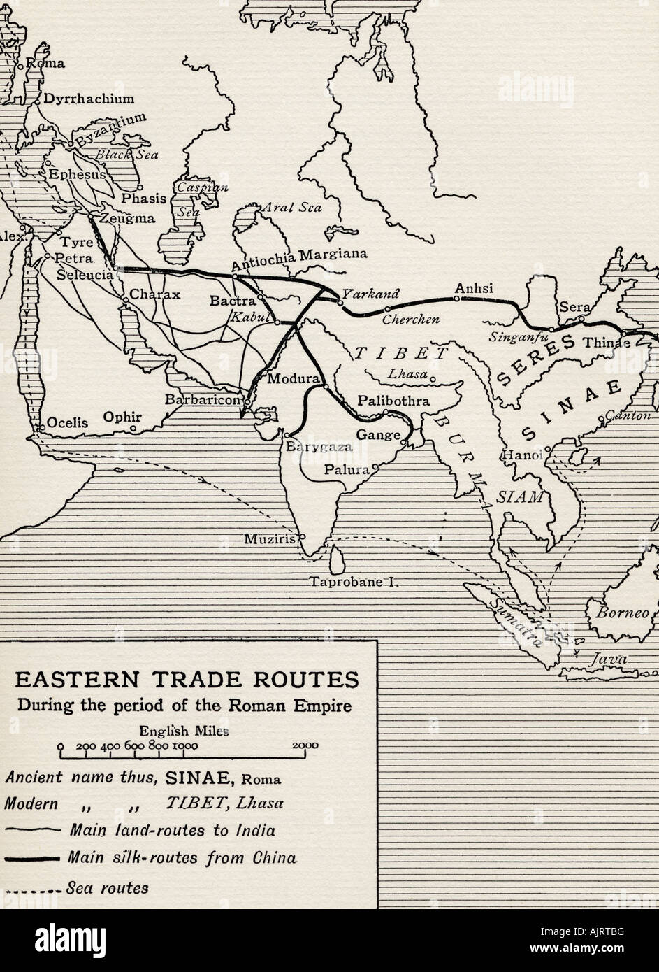 Eastern Trade Routes during the period of the Roman Empire. From the book The Quest for Cathay by Sir Percy Sykes, published 1936. Stock Photo